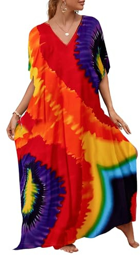 Bsubseach Robe de Plage Caftan Femmes Grande Taille Kaftan Maxi Longue Tunique Bohème Boho Eté Djellaba Femme Kimono Couleur Arc-en-ciel