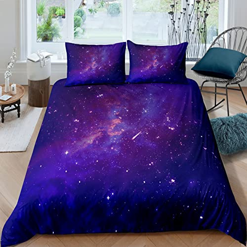 Lunoroey Galaxy Duvet Cover Set King for Girls Boys Kids Starry Sky Bedding Set Purple Comforter Cover with 1 Pillow Shams Zipper Ultra Soft Microfiber Stars Bedspread Cover