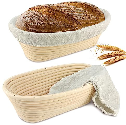 Set da 2 Cesti Banneton Ovale 25cm - Cestini Professionali in Rattan Naturale per Lievitazione Pane Fatto in Casa