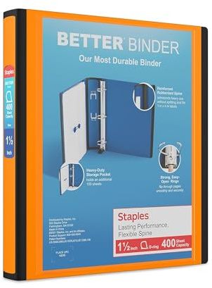 Staples Better Binder, 1.5 Heavy‑Duty D‑Ring 3‑Ring Binder, Orange, Reinforced Spine for Long‑Lasting Use, 400‑Sheet Capacity, School & Office, 3‑Pack