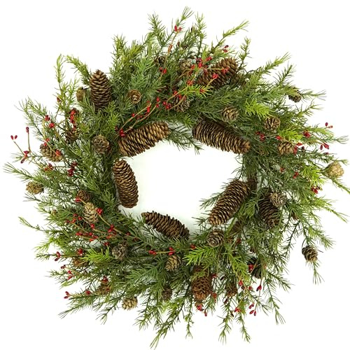 WreathDream 22 inch Artificial Christmas Wreath for Front Door Winter Cedar Wreath with Pine Cones,Pine Needles for Front Door Farmhouse Indoor Outdoor Holiday Home Decor