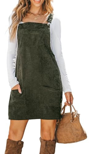 CUPSHE Damen Latzrock Quadratischer Ausschnitt Taschen Cord Latzkleid Overallkleid Freizeitkleider Corduroy Mini Dress Olivgrün M