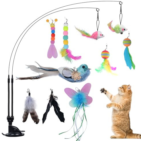 Qoosea 13 Stück Katzenspielzeug Spielzeug mit Federn, Interaktives Katzenspielzeug mit 1 Starkem Saugnapf und 2 Teaser-Stäbe, Intelligenz Katzen Spielzeug Set Kleine Große Katzen 2 Interaktive Modi