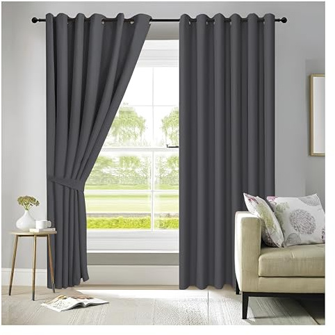 APEX FURNISHINGS Charcoal Blackout Curtains for Bedroom 90 Inch Drop Thermal Insulated Eyelet Curtains & Drapes for Window Treatment & Living Room, 2 Panels (90x90 Inches)