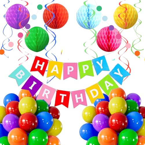 Rainbow Birthday Party Decorations, Happy Birthday Banner with Colourful Balloons Honeycomb Balls Paper Circle Garland Swirl Streamers For Birthday Party Supplies