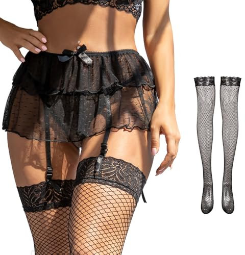 Satohom Damen Sexy Strapsgürtel Spitze mit 4 Clips Hohe Taille Strumpfhalter mit Tanga Mini-Netzrock und Netzstrümpfen Dessous Set 3-Teiliges Große Größen Strumpfband Hosenträger Schwarz