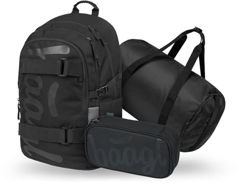 Baagl Schulrucksack Set Jungen 3 Teilig (Skateboard Rucksack, Mäppchen, Sporttasche), Schultasche ab 3. Klasse, Grundschule Ranzen mit Brustgurt, Ergonomischer Schulranzen, 25 l (Uni Schwarz)