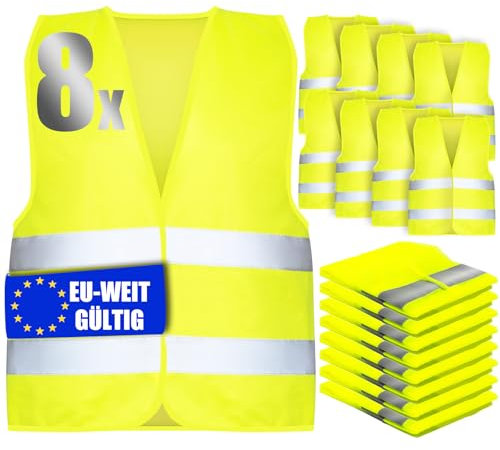 YSWOVUO Warnwesten Auto 8 stück, Europaweit Gültig Nach EN ISO 20471, Warnweste Erwachsene Warnschutzweste, Sicherheitsweste Auto Gelb, Pannenweste Damen Herren