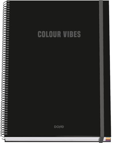 Dohe - Cuaderno A4 Cuadriculado - 100 Hojas Grosor 90 gr/m², Tamaño 22,8x30 cm, Tapa Dura, Cierre Anillas y Goma Elástica, Cuadrícula 5 mm, Material Escolar - COLOUR VIBES Negro