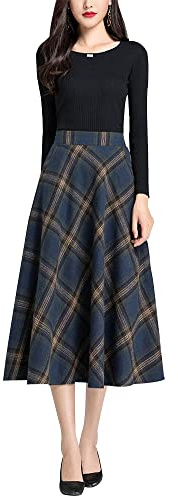 BiilyLi Jupe Longue Femme Hiver Élégant Laine Carreaux Haute Taille A-Ligne Midi Jupes Casual Skirt Bleu foncé -XXL(Taille élastique: 88 cm)