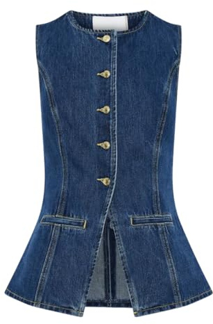 colarat Completo da donna in denim, 2 pezzi, casual, da lavoro, senza maniche, con jeans, blazer, gilet e pantaloncini