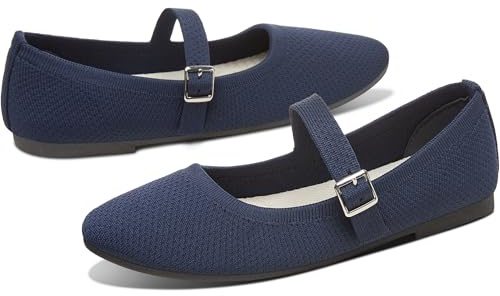 AISFAES Women Knit Mary Jane Flats Breathable Mesh Strap Ballet Flats Soft Round Toe Washable Ballet Shoes Stylish Business Casual Dress Flats(Navy,US9)