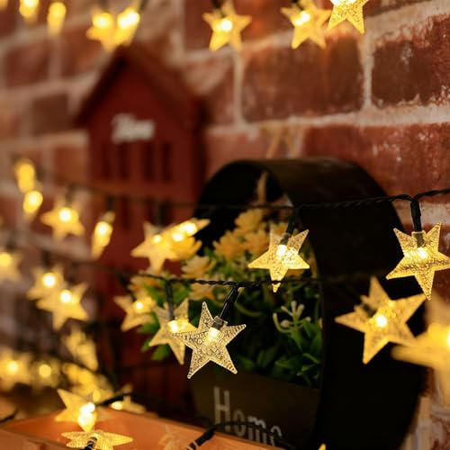 Quintrost Solar Cadena de Luces Estrellas Navidad, 6.5M 30 LED Solares Luces de Hadas Impermeable 8 Modos, Estrellas Guirnalda Luces para Exterior, Fiesta, Jardín, Patio Decorativas, Blanco Cálido