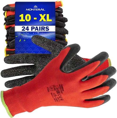 MONTERAL 24 Pares Guantes de Trabajo Talla 10 XL Protección Cat II Recubiertos de Látex Anti-Slip - Guantes Trabajo Hombre y Mujer Pueden Usarse para Obra Taller Mecanico Jardineria Montaje