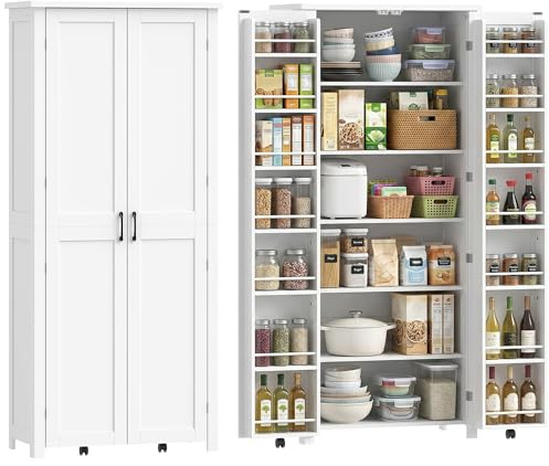 HOMCOM Credenza Cucina Alta 180cm, Mobile Dispensa con Ruote, Doppie Ante, 6 Ripiani, 14 Scomparti Portaspezie sulla Porta, Ripiani Regolabili, Mobile Cucina per Sala da Pranzo Soggiorno, Bianco