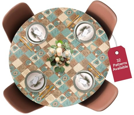 Covers For The Home Deluxe Elastic Edged Flannel Backed Vinyl Fitted Table Cover - Global Coffee Pattern - Large Round Oblong Oval - Fits Tables up to 45 - 56 Diameter