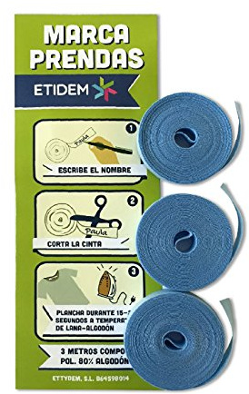 3 Rotoli di Nastro Tessile Termoadesivo Blu 1 cm. Etichette Scrivibili con Penna o Pennarello. Ideale per Abbigliamento, Scuola e Casa. Senza Penna