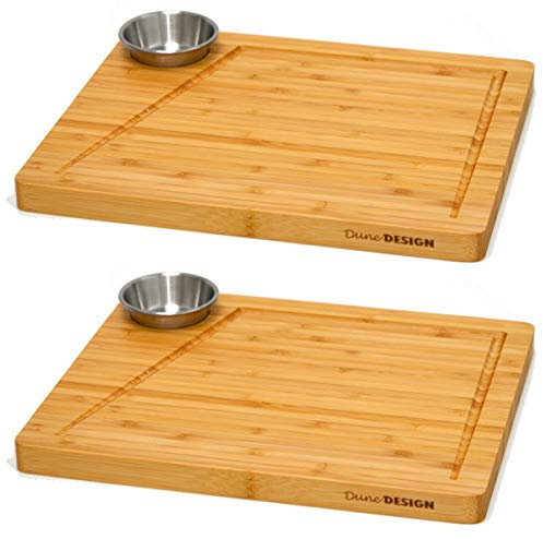 DuneDesign Juego de 2 - Tabla de Servir Bambú y Tazón de Salsa 30x25cm Plato de Madera para Bistec