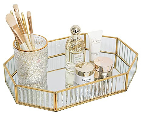 SLHEQING Spiegeltablett Gold Vintage Spiegel Tablett Make-up Schmuck Organizer, Verspiegelt Metall Deko Tablett