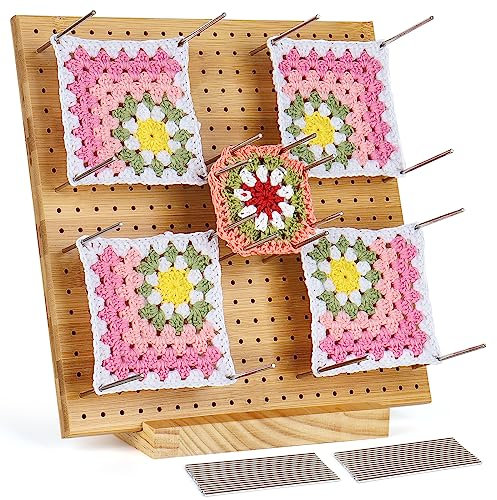 Coopay Granny Squares Blocking Board Groß, 28 x 28 cm Sperrbrett für Granny Square, Wooden Blocking Board Häkeln und 30 Edelstahl Fester Stock, Wooden Sperrbrett Häkeln für Strick- und Häkelprojekte