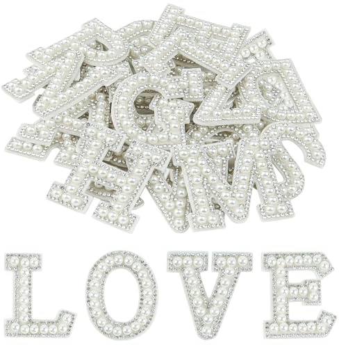 Morcheiong 26Pcs Pearl Rhinestone Letter Patches Self Adhesive A-Z, Stick on Pearl Letter Patches for Clothes, Fabric, Backpack (White)
