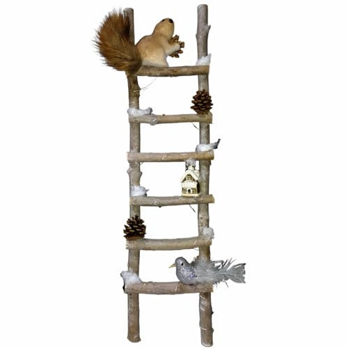 Scala in Legno innevata con Scoiattolo Uccello Decorazione addobbi allestimento Albero di Natale casa vetrine Negozio