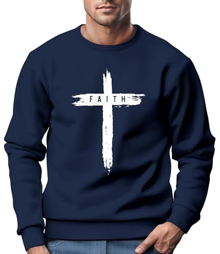 Neverless® Sweatshirt Herren Aufdruck Kreuz Cross Faith Glaube Trend-Motiv Techwear Rundhals-Pullover Fashion Navy L