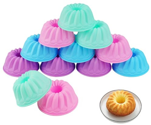 12 Stück Mini Gugelhupfform Silikon Backform Gugelhupf, Wiederverwendbare Silikon Gugelhupfform Klein, Leicht zu Lösen für DIY Backen Kuchen Schokolade Desserts Pudding(ø 6,5cm, HöHe 3,5 Cm, 4 Farben)
