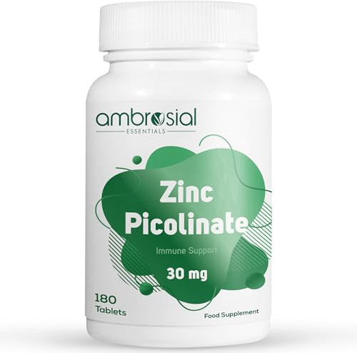 Ambrosial Zinc Picolinate Supplement 30 mg – High Strength Zinc Tablets for Women & Men – Non-GMO, GMP Certified, 180 Tablets (6 Months Supply)