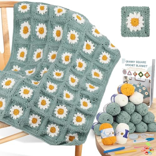 Coopay Anfänger Häkelset für Gänseblümchen Decken, 60 x 80cm Granny Square Decken Häckel Box Anfänger mit Wolle, Häkelnadel, Komplett DIY Häkel Set mit Schritt-für-Schritt Häkelanleitung, Häkelzubehör