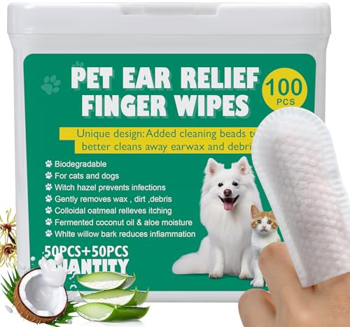 HTU 100 XL Dog Ear Cleaning Finger Wipes - Extra Large 1.77 Natural Coconut Oil & Aloe Dog Ear Wipes | Gently Removes Wax, Odor, Dirt For Dogs & Cats | Hypoalergenic Biodegradable Dog Ear Cleaner