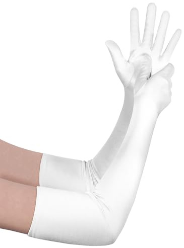 Aomig Handschuhe Damen Lange Braut Handschuhe Satin Abendhandschuhe Elastic Fingerhandschuhe Ellenbogenhandschuhe 1920s Tanzhandschuhe für Classic Oper, Maskerade, Cosplay-Kostüme, Halloween (Weiß)
