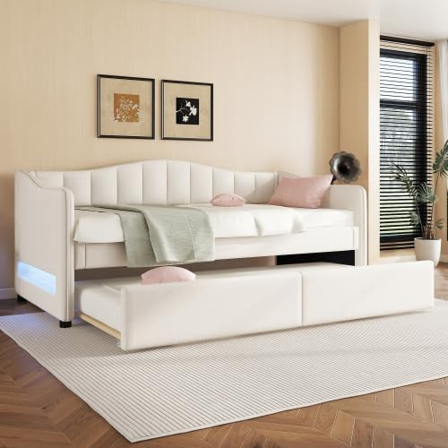 YuQozii Lettino da giorno 90 x 200 cm con letto estraibile, divano letto, letto singolo (senza materasso), design della luce ambientale, lino, stile minimalista (beige)