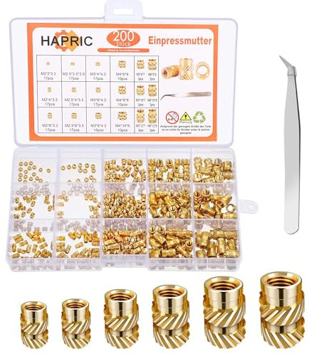 200 Pcs Threaded Inserts for Wood, M2 M2.5 M3 M4 M5 M6 Heat Set Insert with Tweezers Brass Metric Knurled Nuts Assortment Kit for 3D Printing