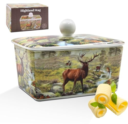 The Leonardo Collection Stag Butter Dish by Macneil Studios | Decorative Porcelain Butter Keeper with Lid | Stag Illustration | Rustic Farmhouse Style | Elegant Kitchen Accessory