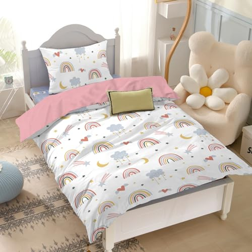 Yasida Toddler Rainbow Bedding Girls Single Duvet Cover Set Pink Cot Bedding With Stars, Clouds & Moon Design For Kids/Toddler Cute Duvet Cover 120x150cm + 1 Pillowcase 40x60cm Children'S Room Decor