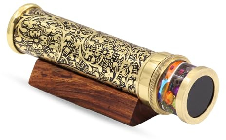 YVCrafts Handmade Brass Floral Gardens Oil Kaleidoscope – Acid-Etched Vintage Barrel, Oil-Filled Cell, 3-Mirror System, Wood Display Base – Unique Gift, Collectible, Personalized Art Décor