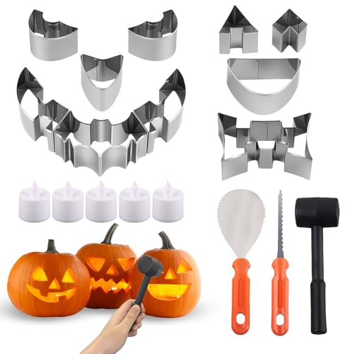 Fancysky 18 pezzi Halloween Kit Intaglio Zucca, Pumpkin Carving Kit, con 10 Modelli di Incisione, per Halloween Decorative Zucca per Adulti e Bambini