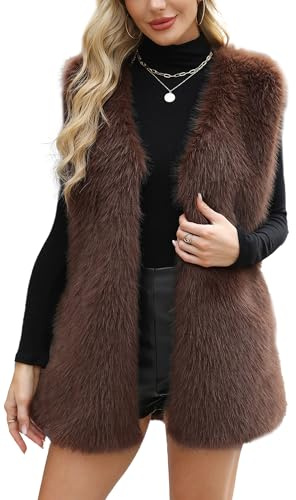 Maeau - Gilet Sans Manches Femme en Fausse Fourrure Col V Manteau Chic Doux Élégant Automne Hiver M Marron
