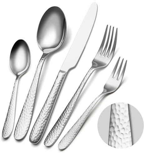 Gehämmertes Besteckset, EIUBUIE 30-Teiliges Edelstahl Besteck, Modernes Besteck Set 6 Personen, Essbesteck Set mit Messer Gabel Löffel, Tafelbesteck für Haus/Party, Hochglanzpoliert, Spülmaschinenfest
