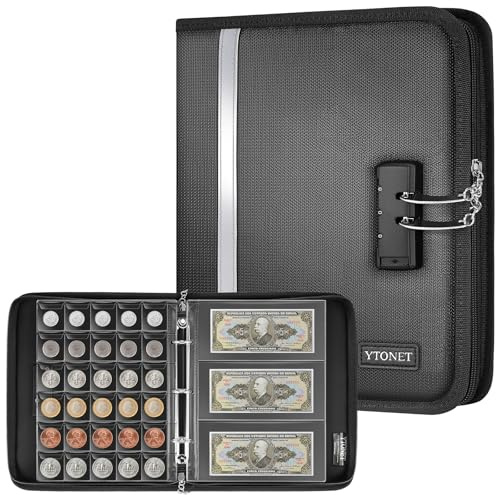 Ytonet Raccoglitore Monete da Collezione Ignifugo con Serratura, Porta Monete da Collezione con 320 Tasche e 36 Tasche per Banconote, Album Monete da Collezione per Monete da Collezione, Nero