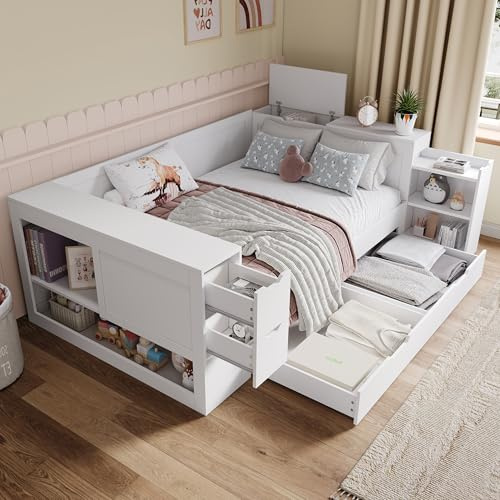 BTM Double Bed with Drawers, Shelves and Bedside Table, 4ft6-135x190cm Daybed with Storage, Multifunctional Children's Bed with Storage Space, No Mattress, White