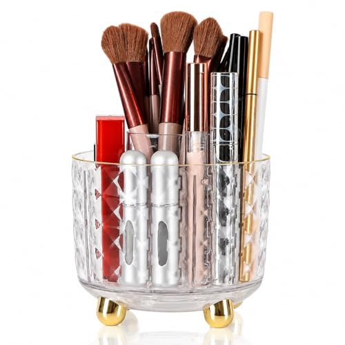 FAVORTALK Makeup Brush Holder 360 Rotating Make Up Brush Holder Makeup Brush Organiser Dustproof Brushes Container for Vanity Cosmetics (Gold)