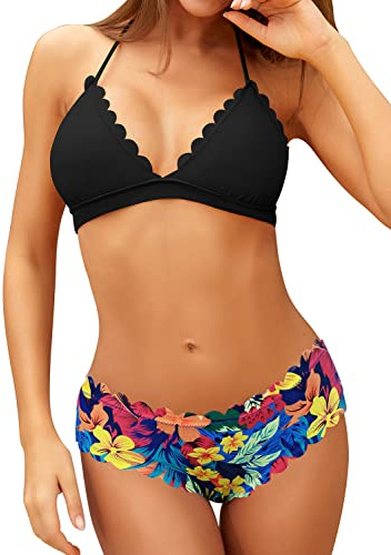 SHEKINI Bikini Imbottito Costume da Bagno Due Pezzi Regolabile Halter Triangolo Top Bikini da Donna Mare Classic Bordo Smerlato con Stampati Floreale Bikini Fondo (L, Nero)