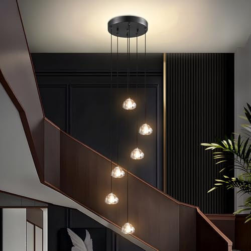 LED Moderne Pendelleuchte esstisch Pendellampe Villa Kronleuchter Höheverstellbar Hängeleuchte aus Glas Küchen Flurlampe Kristall Treppenhaus (Runde, 6-flammig, Schwarz)