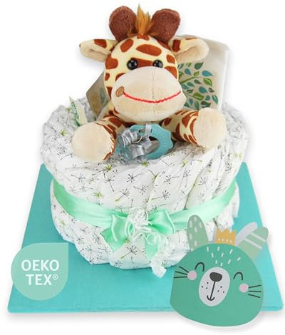 Windeltorte.com – Giraffe klein | Windeltorte in Grün - inkl. 14 LILLYDOO Windeln | Geschenk zur Geburt | Taufgeschenk | Geschenk zur Babyparty – handgefertigt (1-stöckig)