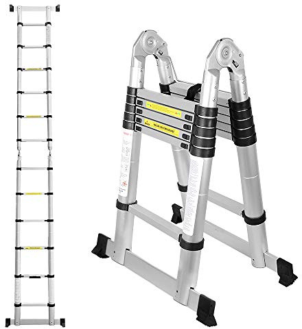 EINFEBEN Teleskopstege av aluminium, hopfällbar, mångsidig stege som kan användas till mycket, utdragbar, 150 kg maxvikt, 3,8 m