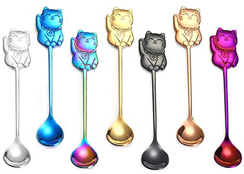 Hoshen Set di 7 cucchiaini da caffè per lo styling dei gatti, 15,6 cm, in acciaio inox, cucchiaino da zucchero, per caffè espresso, bevande fredde, dessert, per feste in 7 colori