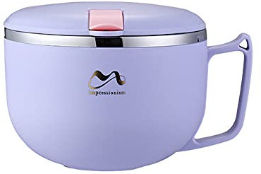 FIYSON Stainless Steel Soup Bowls with Handles,Instant Noodle Bowl with fork,Ramen Cooker Insulation Bowl with Sealing Lid/Mobile Phone Holder,Student Lunch Box Food Storage Container (Purple,900ml)