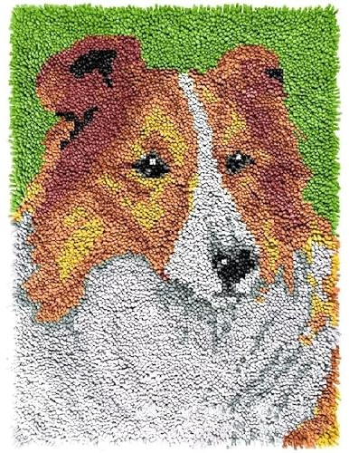 Latch Hook Kit for Adults & Kids Complete DIY Rug Making Craft Kits with Yarn & Canvas and Crochet Needle, Adult Craft Kits for Women, Relaxing Home Art Project - Yellow Border Collie 50x38cm